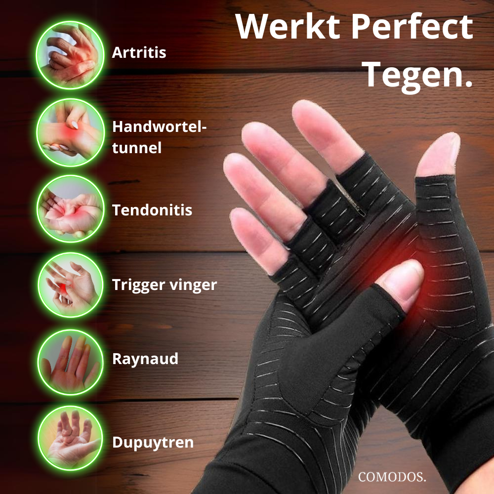 Comfortabele compressiehandschoenen dragen, bieden ondersteuning en verlichting bij gewrichtspijn en handvermoeidheid.