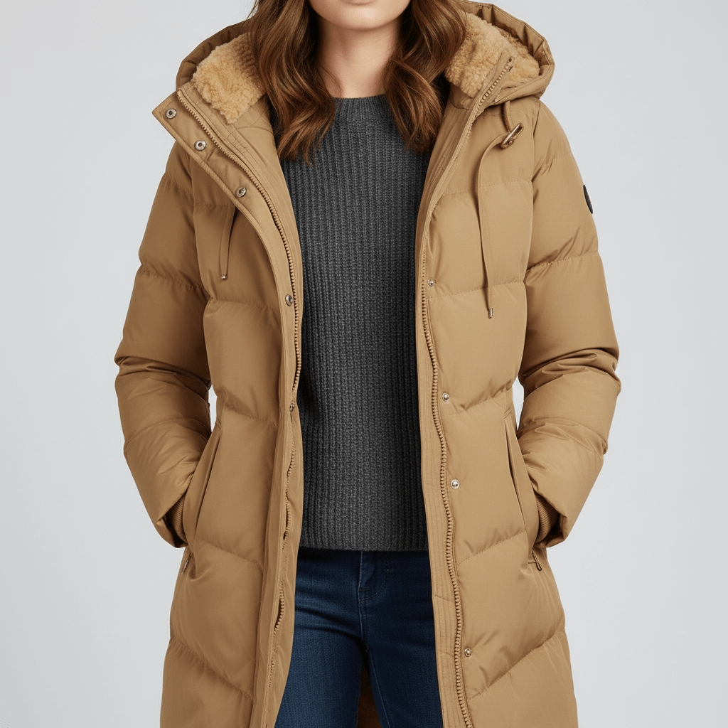 Detail van de warme capuchon van een dames winterparka, perfect tegen wind en kou. Hoogwaardige winterjas.