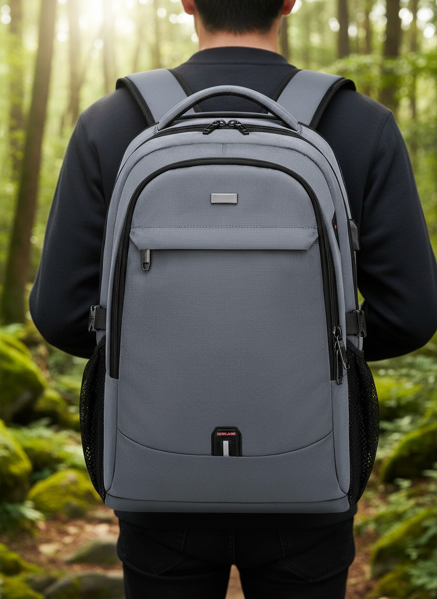 Grijze unisex waterdichte laptoprugzak met USB-poort, ideaal als reisrugzak, schooltas of kantoorrugzak.