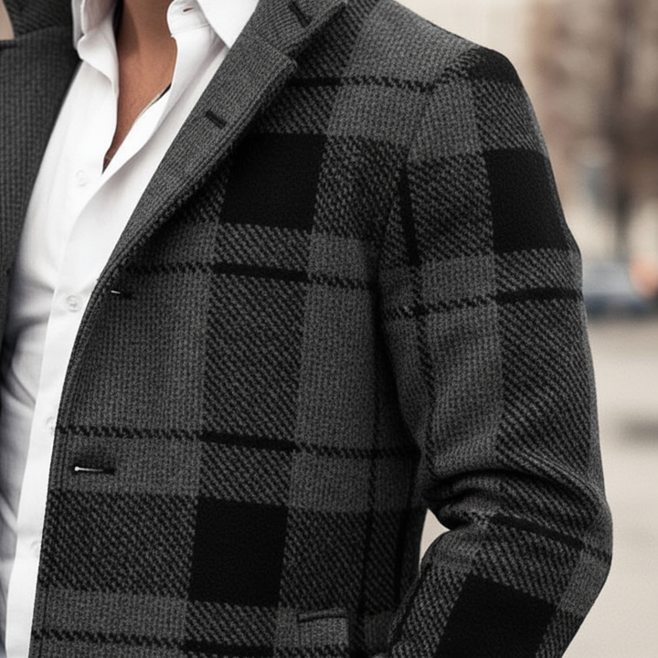 Warme wollen heren overjas met klassiek karomuster, perfect voor koudere dagen en stijlvolle bovenkleding.