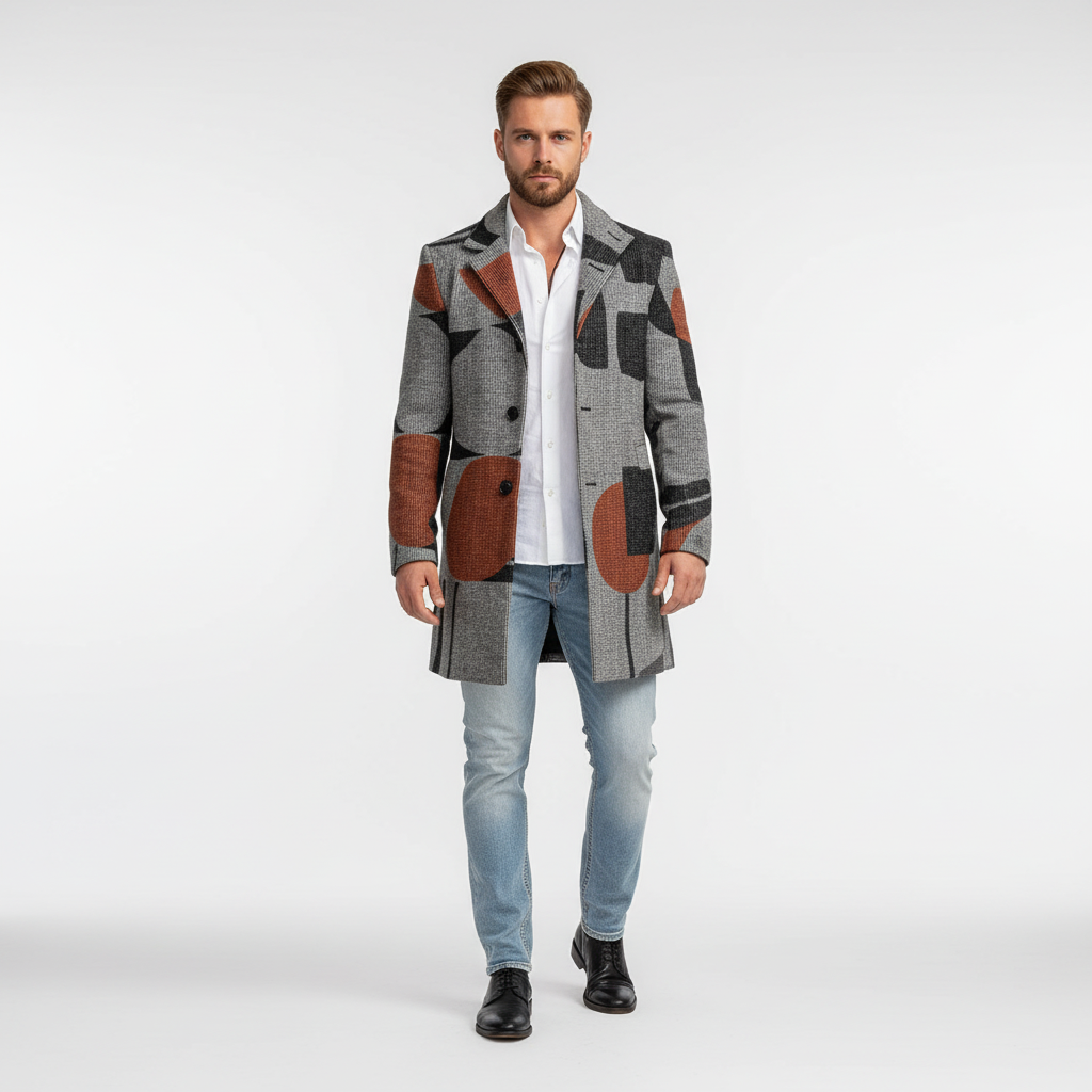 Luxe heren wollen winterjas met klassiek ruitpatroon, combineert warmte met tijdloze mode en elegantie.
