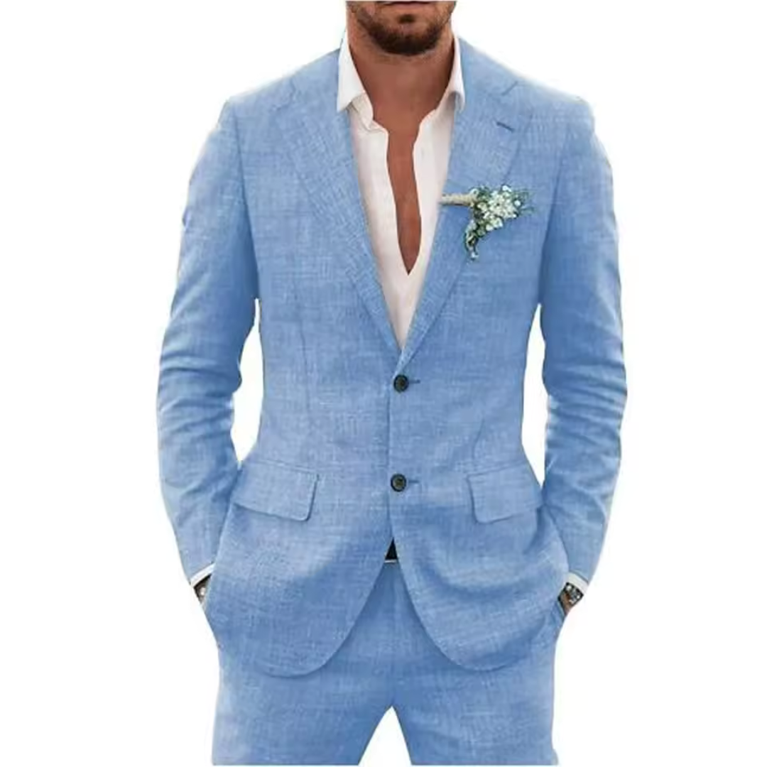 Compleet heren linnen pak voor een stijlvolle en comfortabele look. Een tijdloze keuze voor de moderne man.