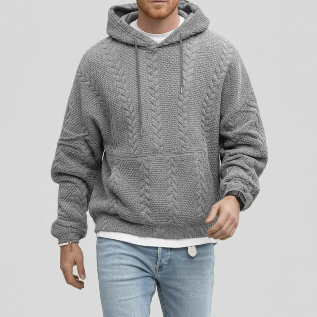 Heren kabelpatroon capuchontrui Logan, comfortabel en stijlvol voor herenmode.