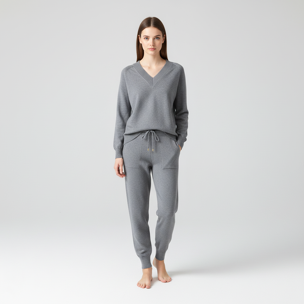Zachte gebreide dames set met V-hals trui en broek. Comfortabele, stijlvolle tweedelige outfit voor thuis & daarbuiten.