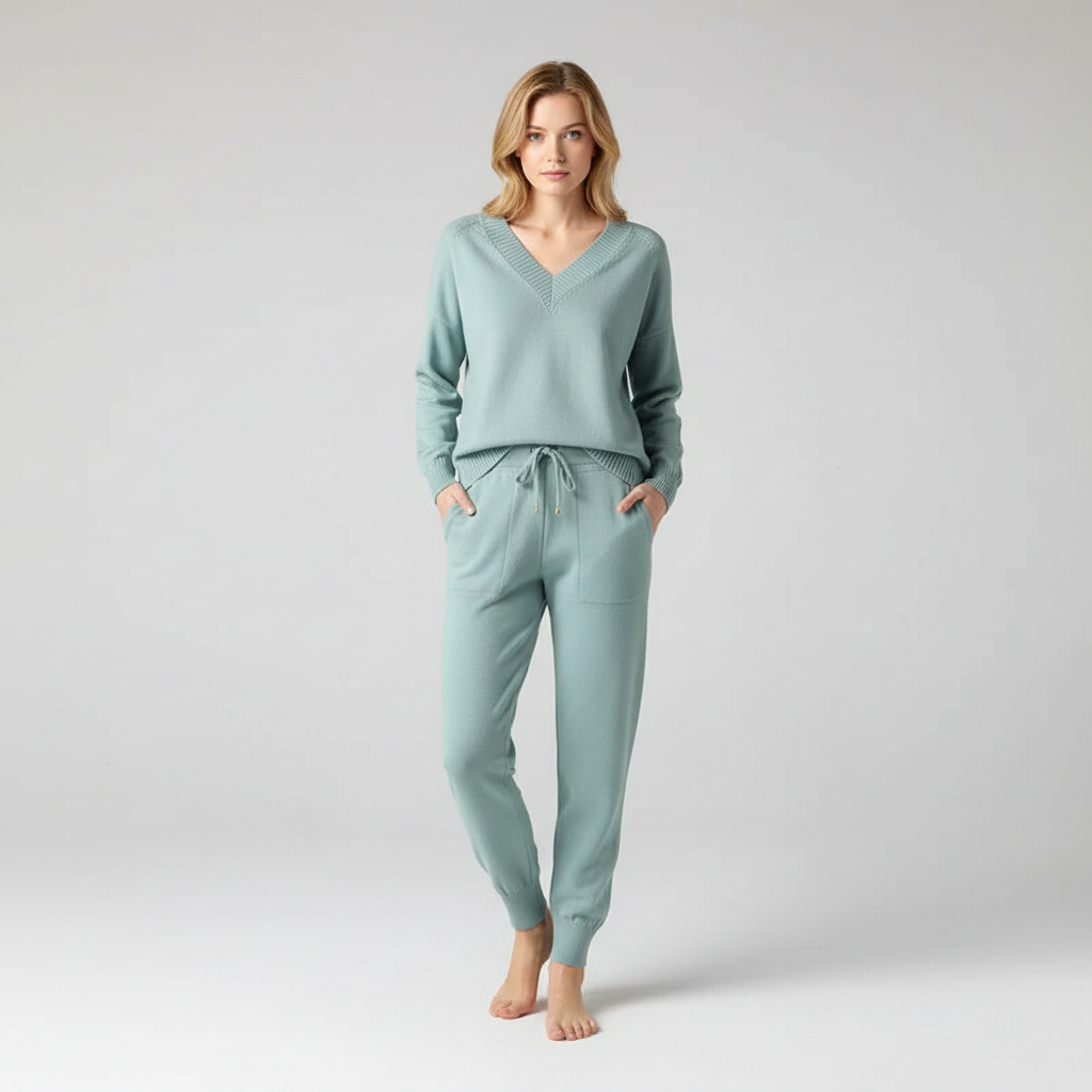 Complete gebreide dames set met V-hals trui en bijpassende broek. Stijlvolle, comfortabele loungewear outfit.