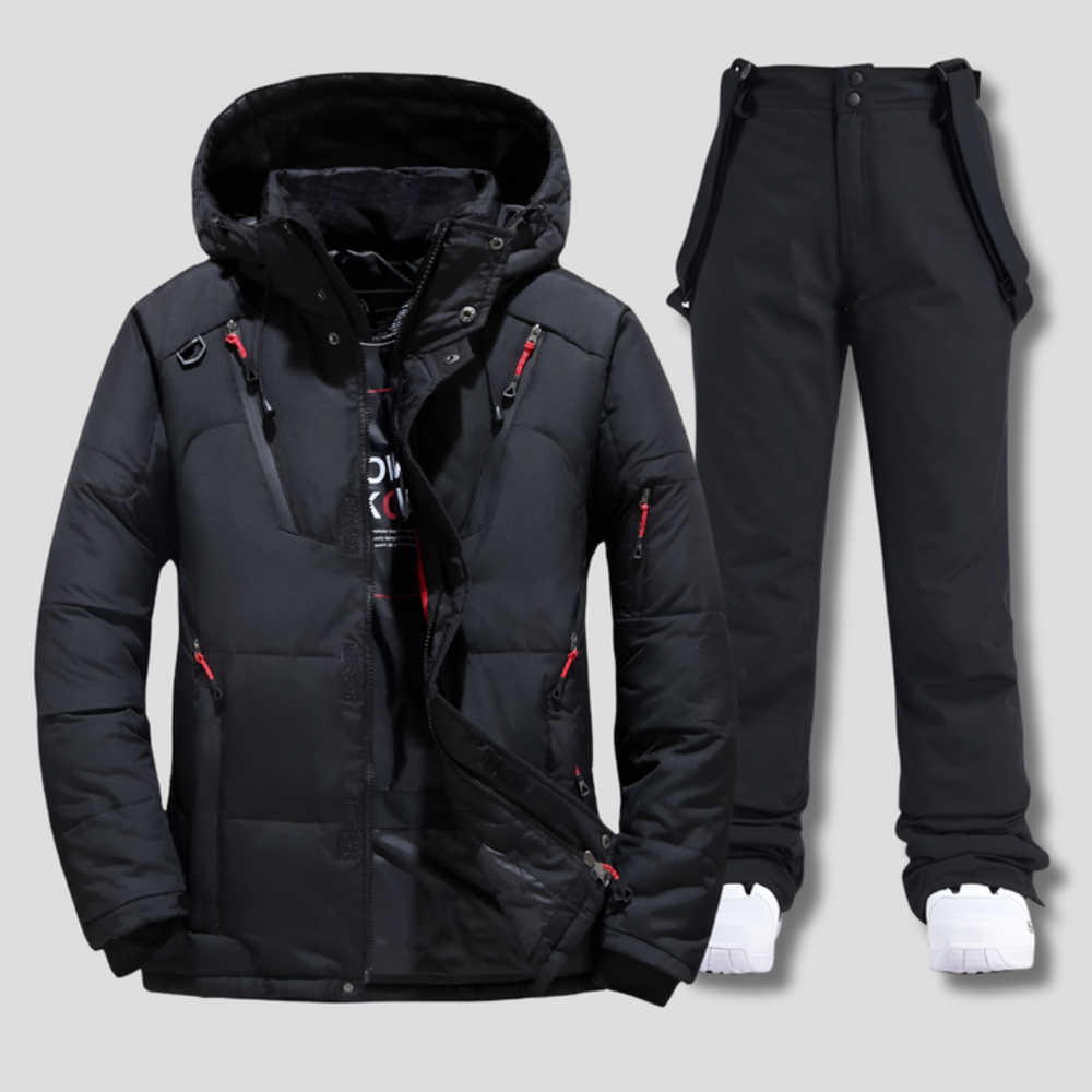 Mannelijk ski-jack en skibroek, waterdicht en ademend, perfect voor actieve wintersport op de sneeuw.
