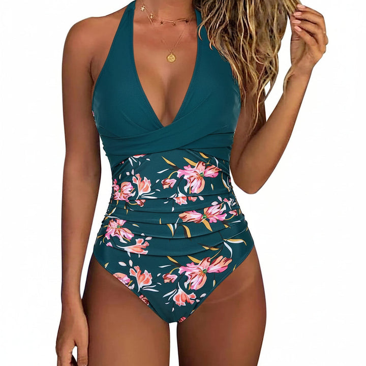 Strandmode: Dames badpak met luipaardprint en diepe v-hals, zomerse stijl.
