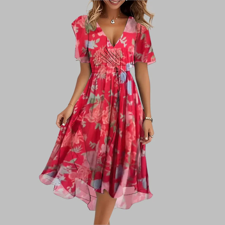 Stijlvolle geplooide dames midi-jurk van satijn met levendige bloemenprint, ideaal voor een elegante gelegenheid.