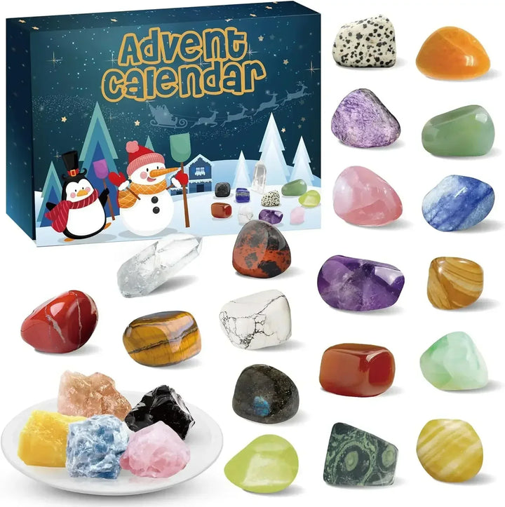 Gevulde adventskalender voor kinderen met diverse edelstenen en mineralen, educatief en verrassend.