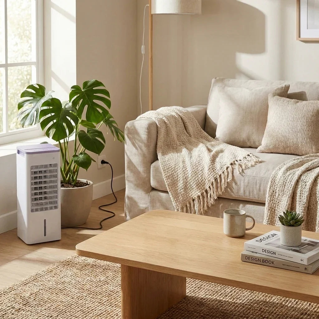 Stille draagbare luchtkoeler WC2026 voor slaapkamer of kantoor, zonder afvoerslang. Energiezuinige verfrissing.