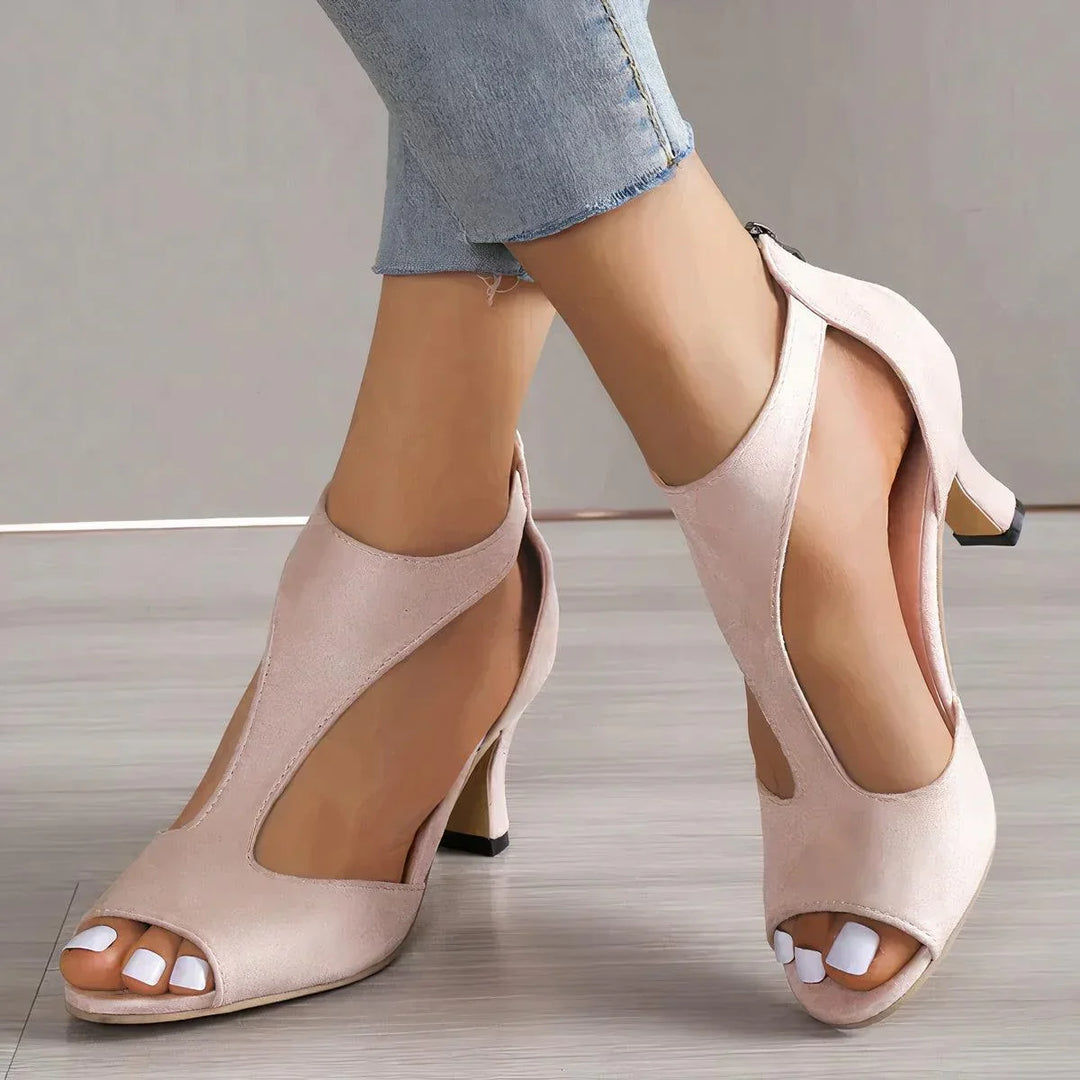 Elegante dames orthopedische sandalen met voetboogondersteuning, perfect voor zomercomfort. Roze/zwarte verstelbare sleehak.