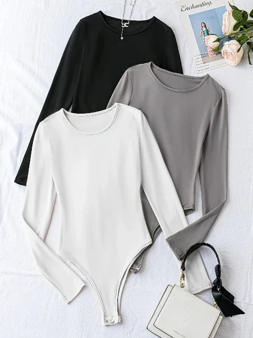 Damesbodysuit met lange mouw en ronde hals, in een handig 3-pack voor diverse stijlcombinaties.