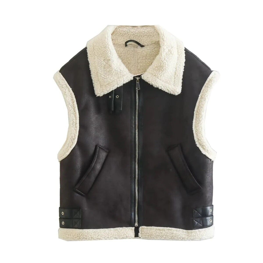 Warme dames bodywarmer van kunstleer, perfect voor herfst en winter; casual en comfortabel.