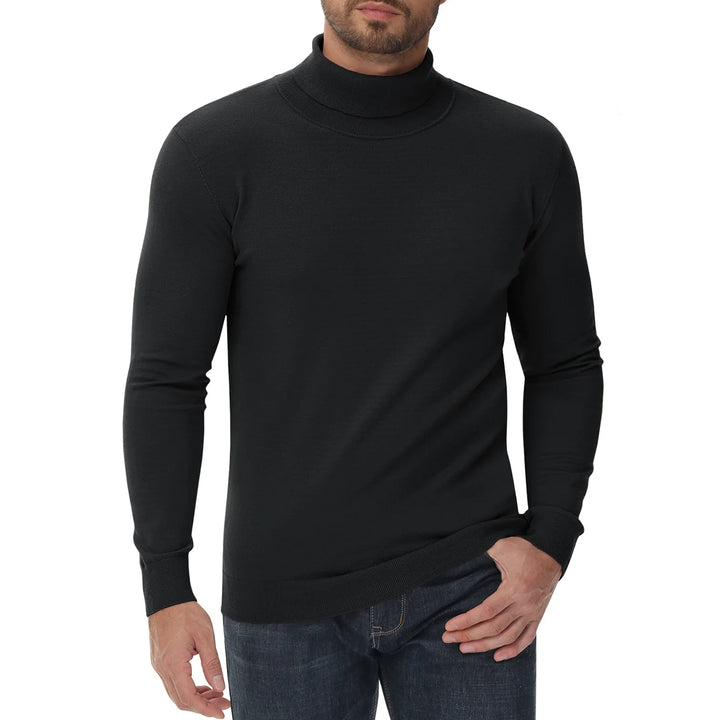 Detail van de coltrui van gebreide herentrui, extra warmte voor de nek. Comfortabele wintermode.