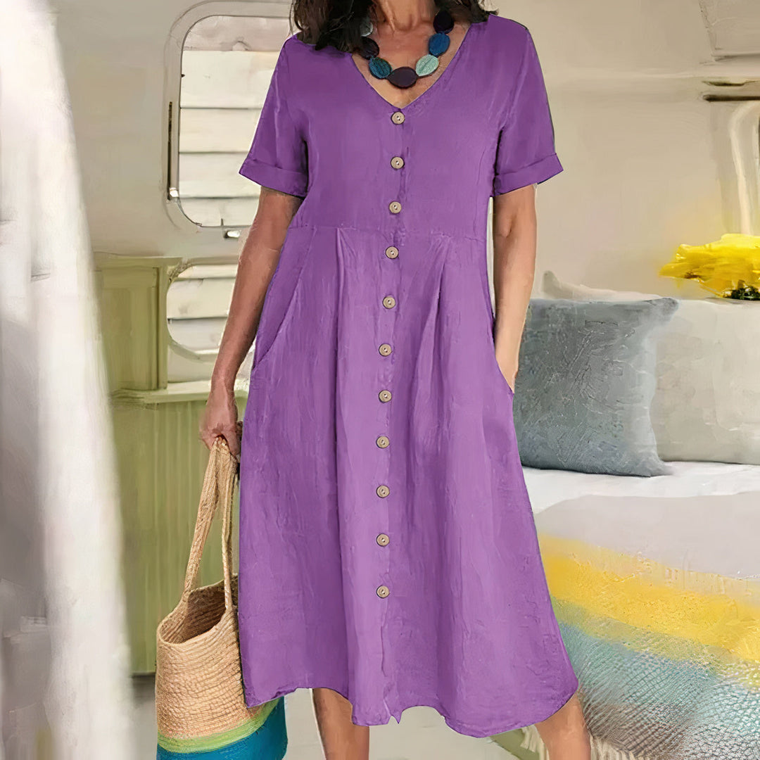 Damesjurk Noor: casual katoen-linnen zomerjurk, ademend en comfortabel voor een zorgeloze zomer.