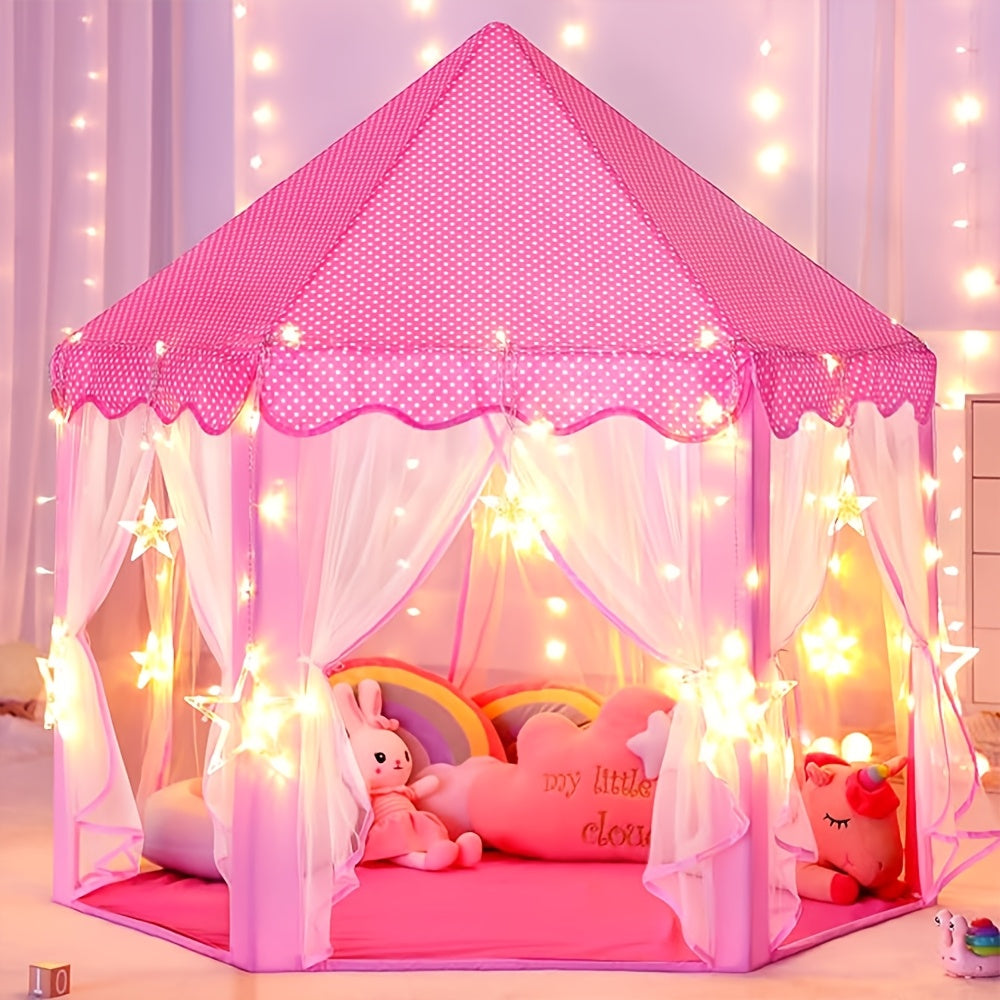 Magische roze prinsessen speeltent voor kinderen met sfeervolle sterrenverlichting, ideaal voor binnenplezier.