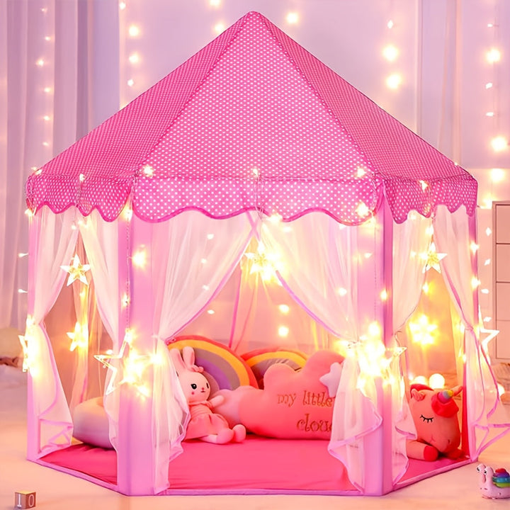 Magische roze prinsessen speeltent voor kinderen met sfeervolle sterrenverlichting, ideaal voor binnenplezier.