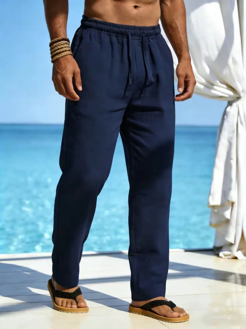 Comfortabele marineblauwe linnen broek voor heren met rechte pijpen en elastische taille.
