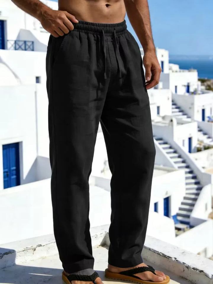 Casual beige linnen chino voor heren met elastische tailleband. Ideaal voor warm weer.