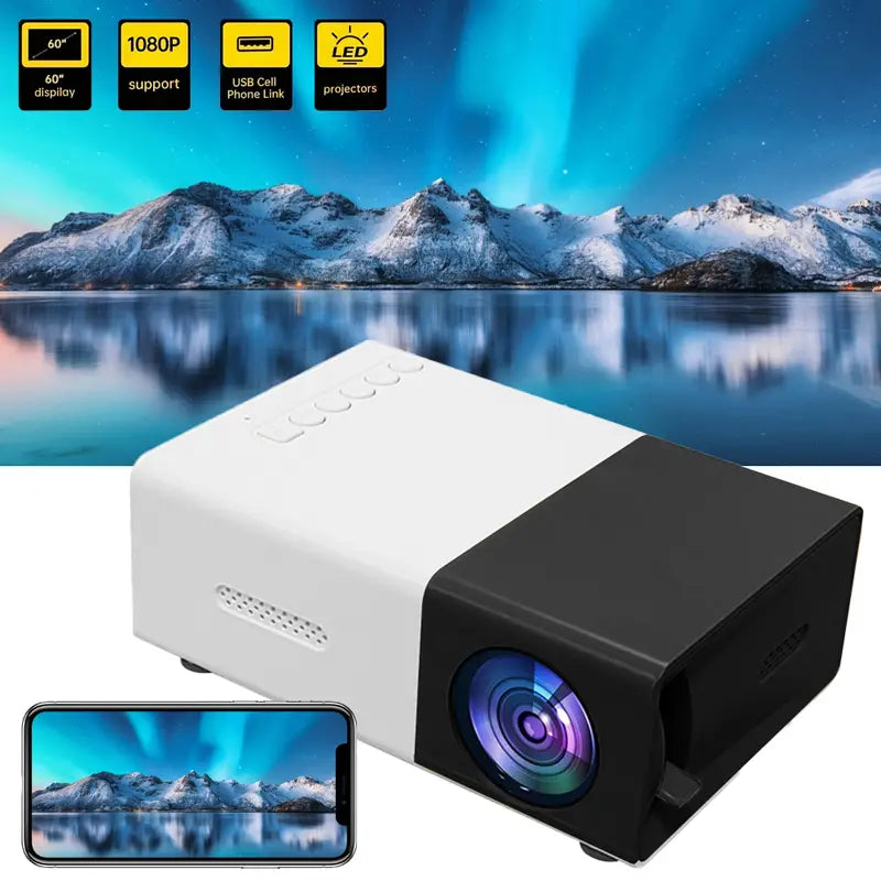 Kleine draagbare LED projector met krachtige ingebouwde speakers, voor compacte thuisbioscoop ervaring.