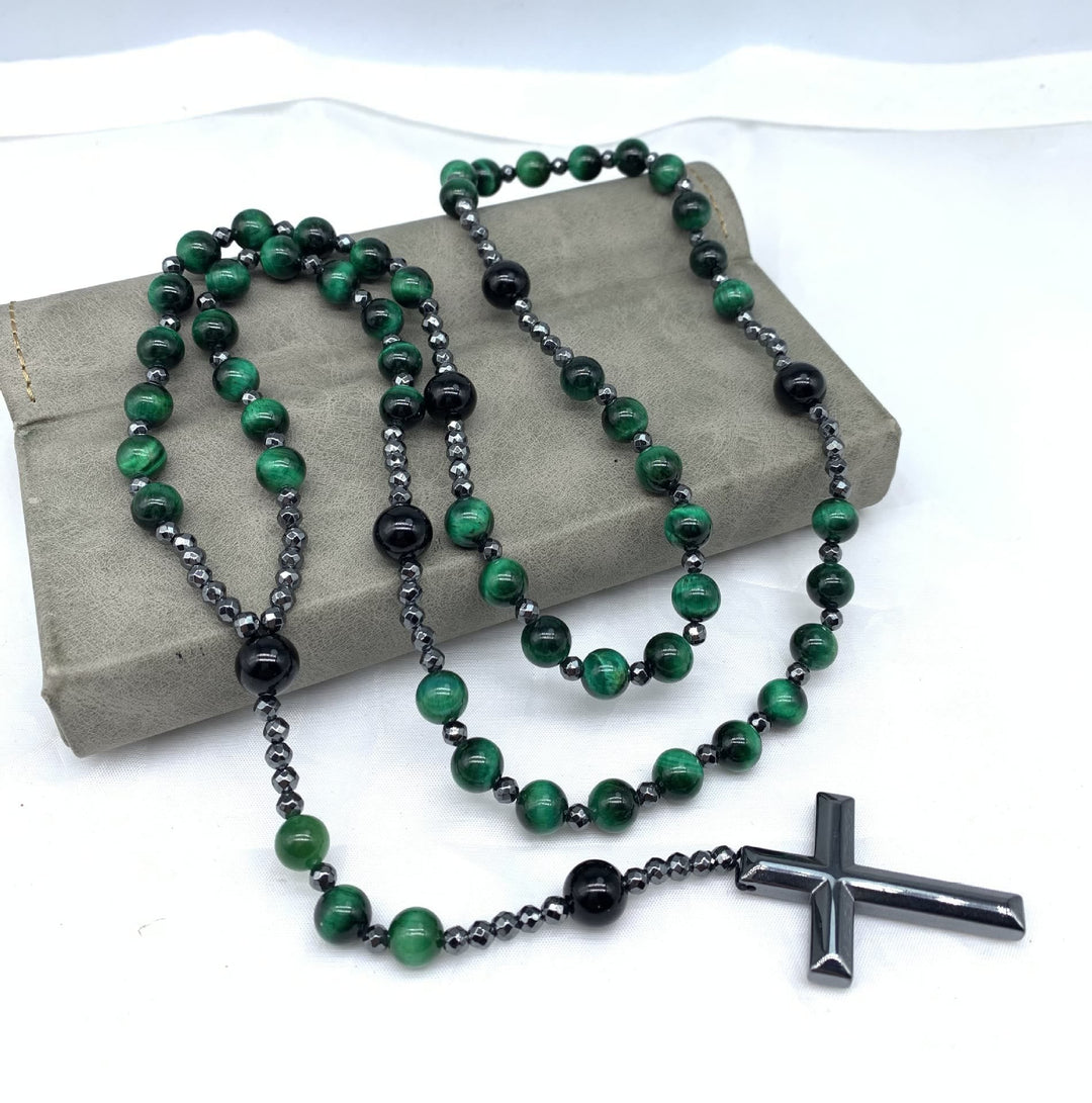 Authentieke mannen rozenkrans ketting: tijgeroog, lapis lazuli. Spiritueel kruis en beschermende stenen.