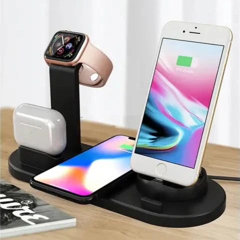Wit draadloos oplaadstation voor Apple iPhone, Watch en AirPods. Strak bureau georganiseerd.