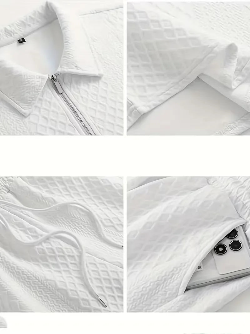 Heren zomer kledingset: casual poloshirt met rits & shorts. Trendy diamantpatroon, comfortabele pasvorm.