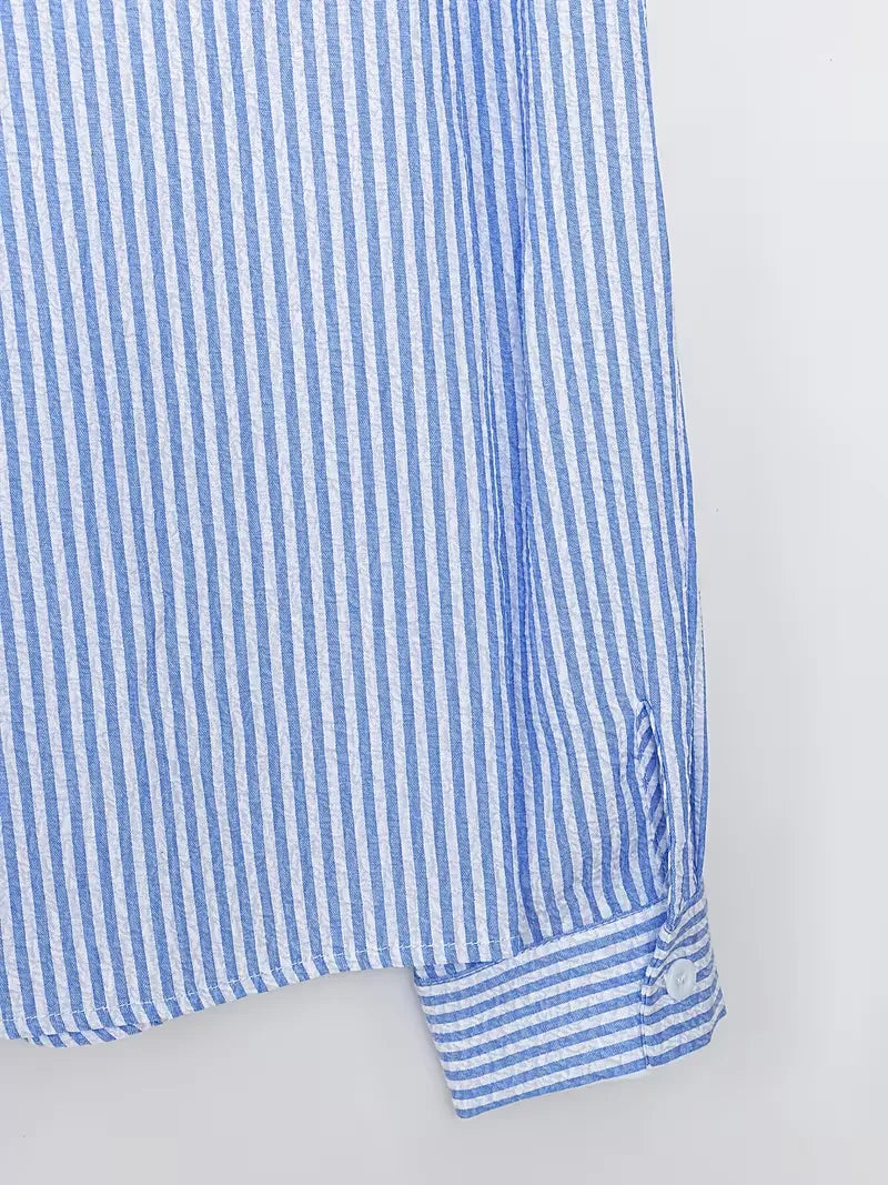 Blauwwit gestreept heren overhemd met modieuze V-hals en lange mouwen. Een essentieel casual item.