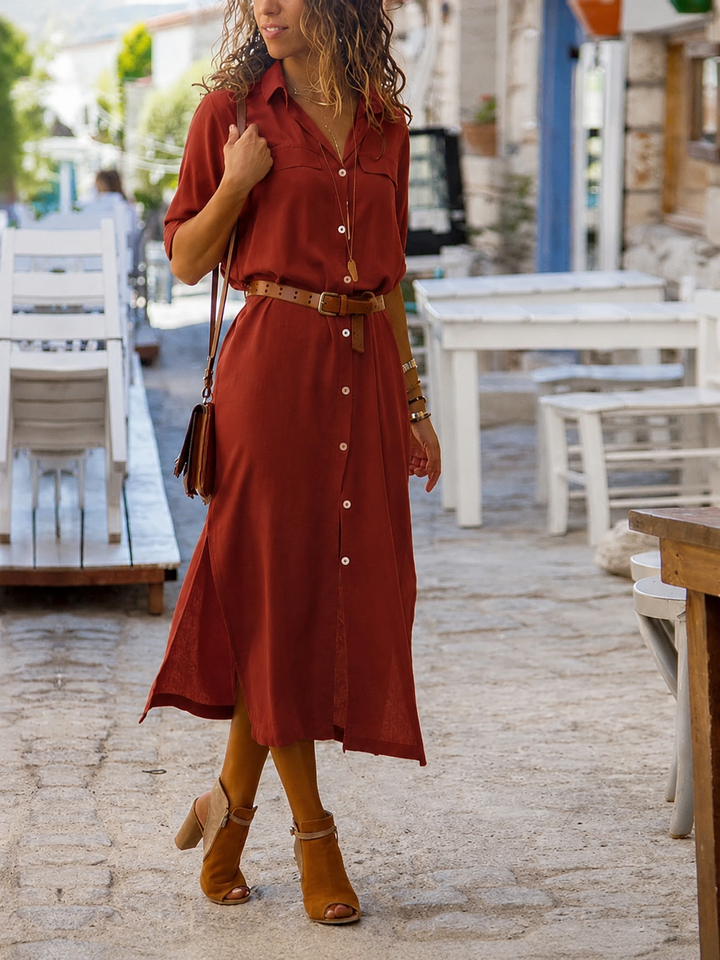 Elegante dames overhemd midijurk met accentuerende riem, ideaal voor kantoor, casual of stijlvolle gelegenheden.