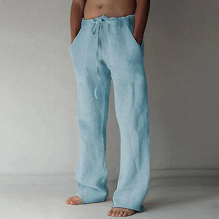 Comfortabele elastische taille en praktische zakken van de casual linnen herenbroek, perfecte pasvorm.