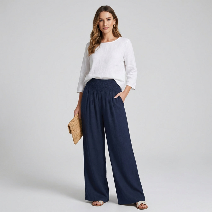 Vrouwen luchtige linnen palazzo broek met breedbeen en hoge taille. Comfortabel en stijlvol voor de zomer.