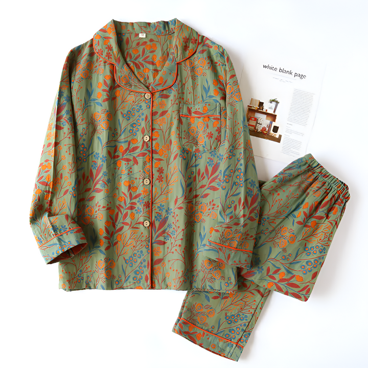 Stijlvol katoenen dames huispak met elegant bloemenpatroon. Ideaal als comfortabele relaxkleding.