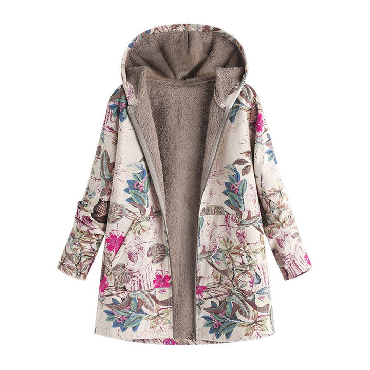 Gedetailleerde weergave van een dames tussenjas: bloemenprint, praktische zijzakken, perfect voor casual look.