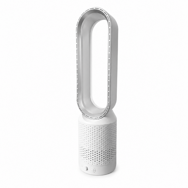 Slanke, moderne 3-in-1 torenventilator (koeler & luchtreiniger) met strak design, past in elk interieur.
