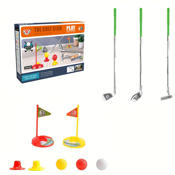 Close-up van de verstelbare golfclubs en doelen uit de kinderspeelgoed golfset voor peuters.