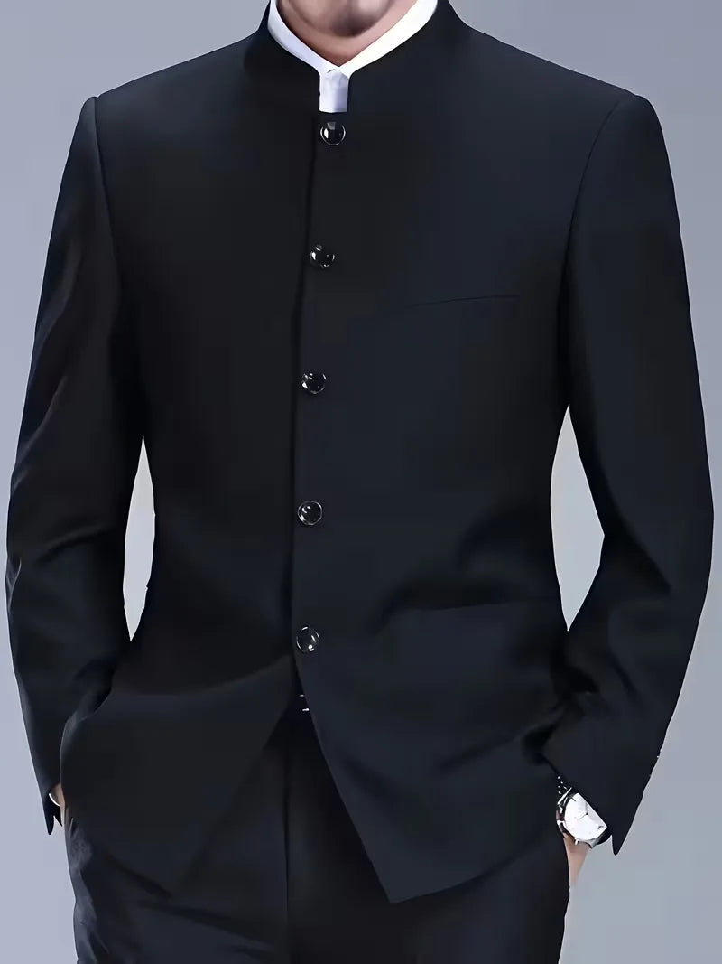 Elegante zakelijke blazer voor heren, slim fit model met opstaande mandarijnkraag.