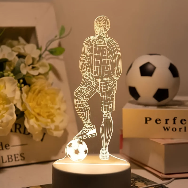Sfeervolle LED 3D lamp met voetballer design, ideaal voor een sportieve slaapkamer.
