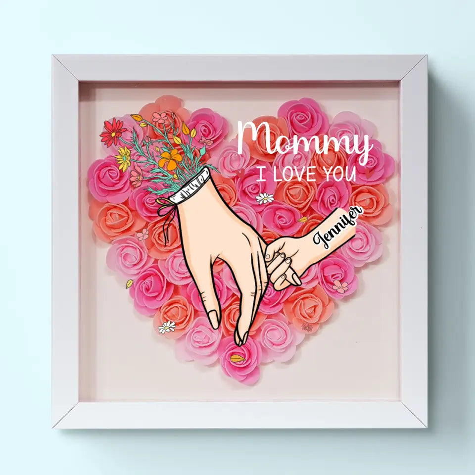 Elegante tafeldecoratie: gepersonaliseerde namen bloemen in houten acryl schaduwbox, speciaal voor mama.
