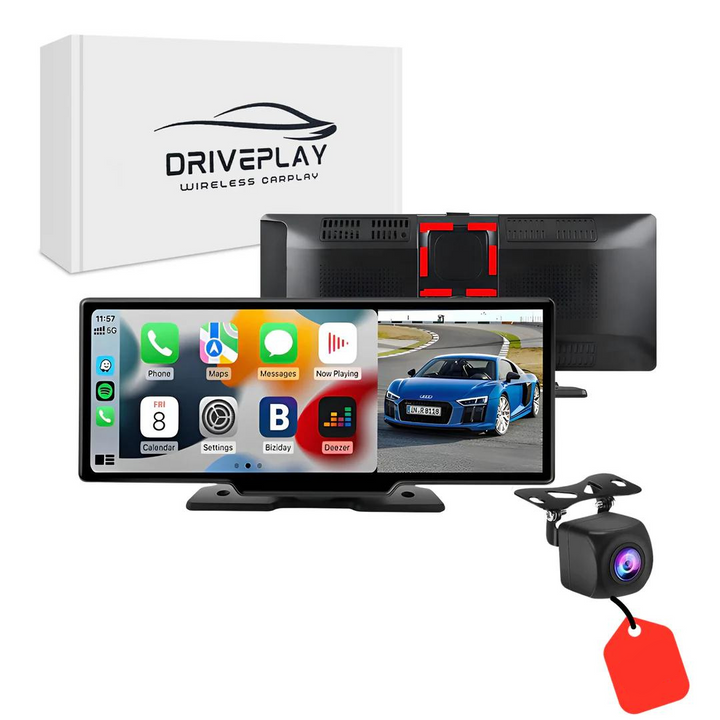 DrivePlay Pro 2+ autoscherm geïnstalleerd in een auto, toont CarPlay interface voor navigatie.