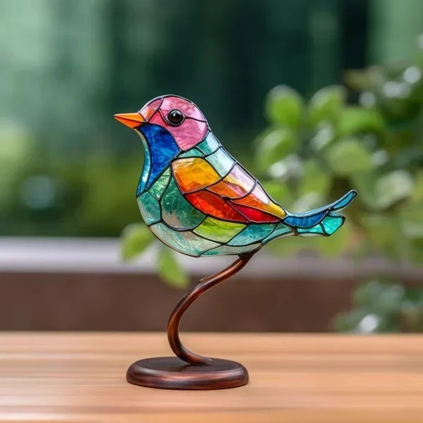 Gekleurde acryl vogels decoratie voor interieur; elegant design, sfeervolle woondecoratie als modern vogelbeeldje.