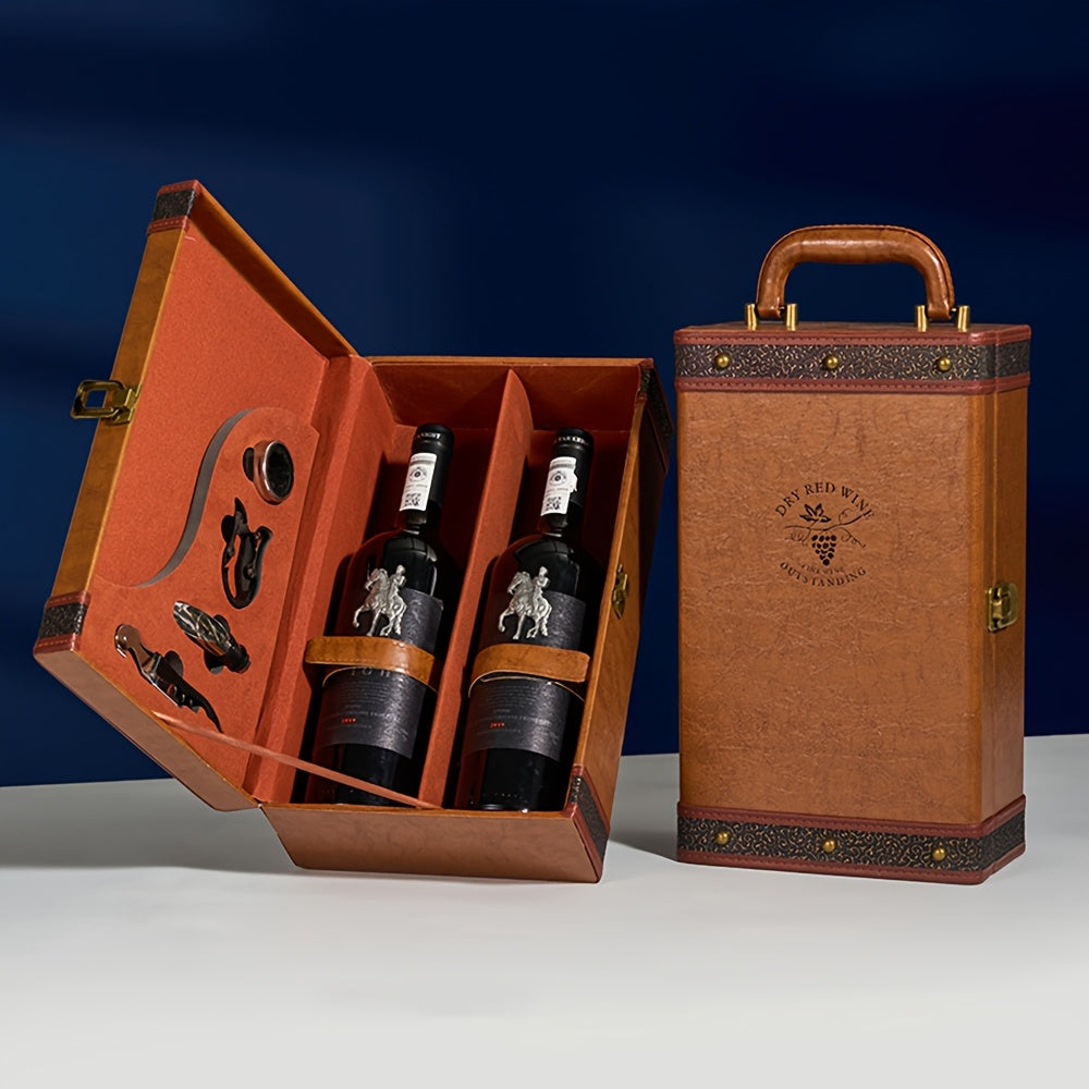 Complete set: zwarte 2-fles wijndrager van PU leer met essentiële wijnaccessoires.