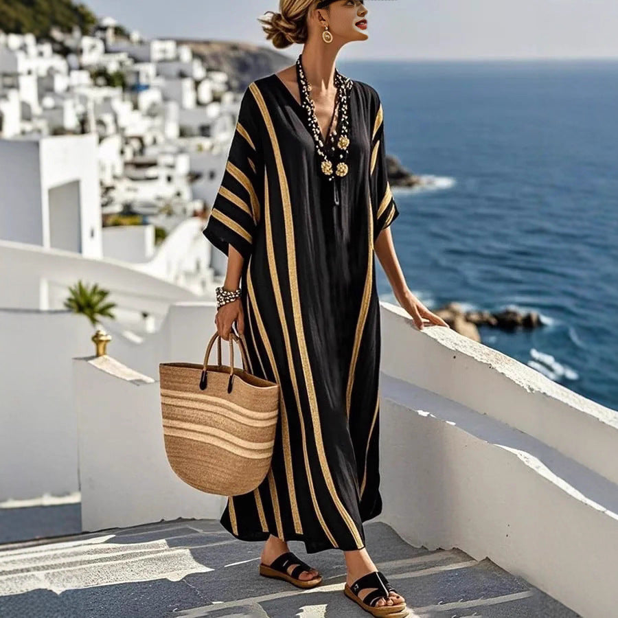 Boho gestreepte dames maxi-jurk, comfortabel en elegant, ideaal voor warme dagen.