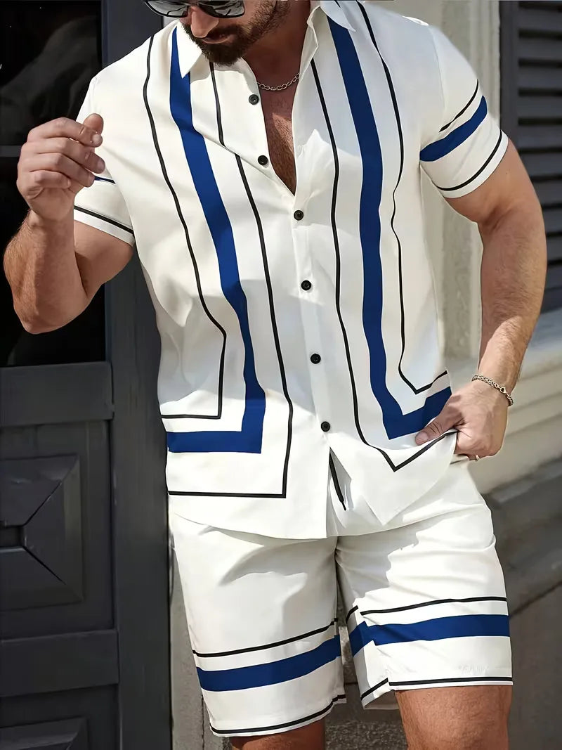 Heren zomer kledingset met stijlvol overhemd korte mouw en shorts. Geometrische print, ideaal voor vakantie.