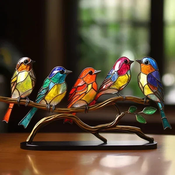Set van kleurrijke acryl vogels als luxe interieur accessoire; perfect als moderne woondecoratie of unieke cadeautip.