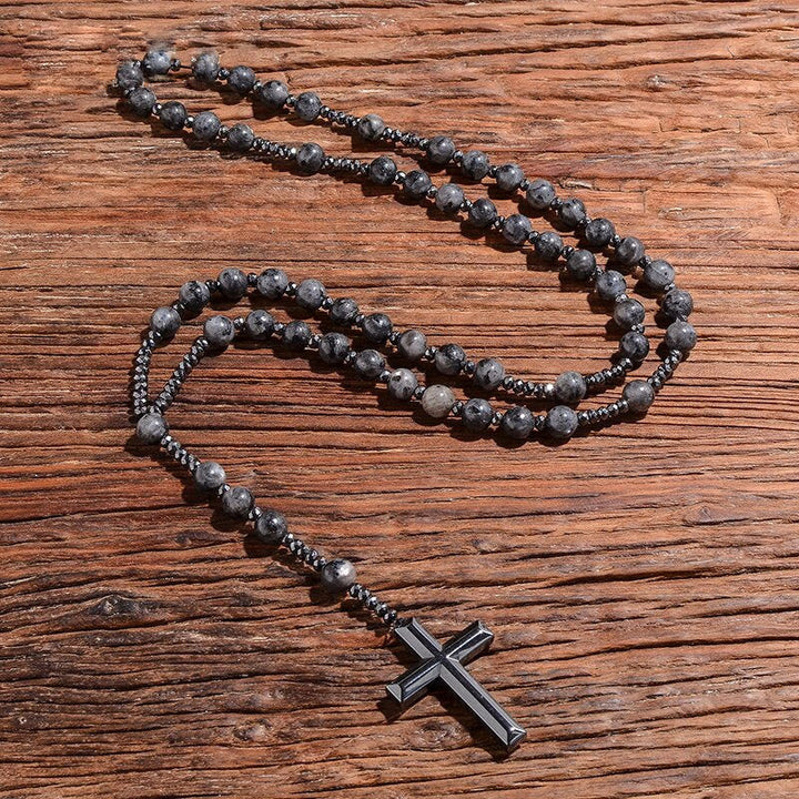 Elegant mannen sieraad: tijgeroog & lapis lazuli rozenkrans ketting met kruis. Symbolische bescherming.