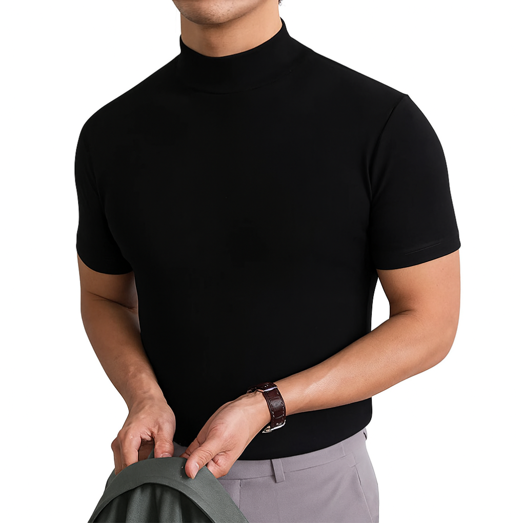 Ademende heren coltrui met korte mouwen van keperstof. Stijlvolle slim-fit zomerkleding voor dagelijks gebruik.