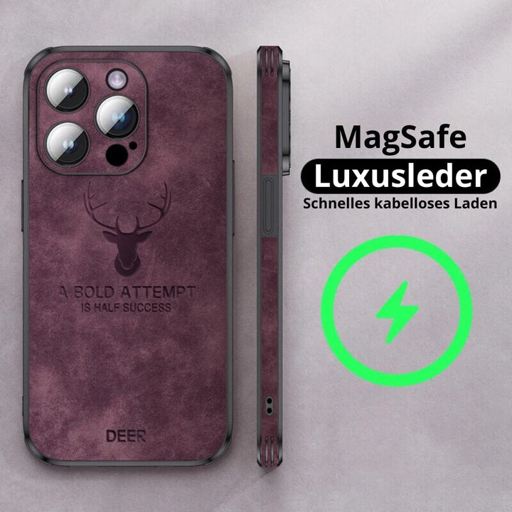 Elegant leren telefoonhoesje voor iPhone, een stijlvol accessoire met valbescherming.