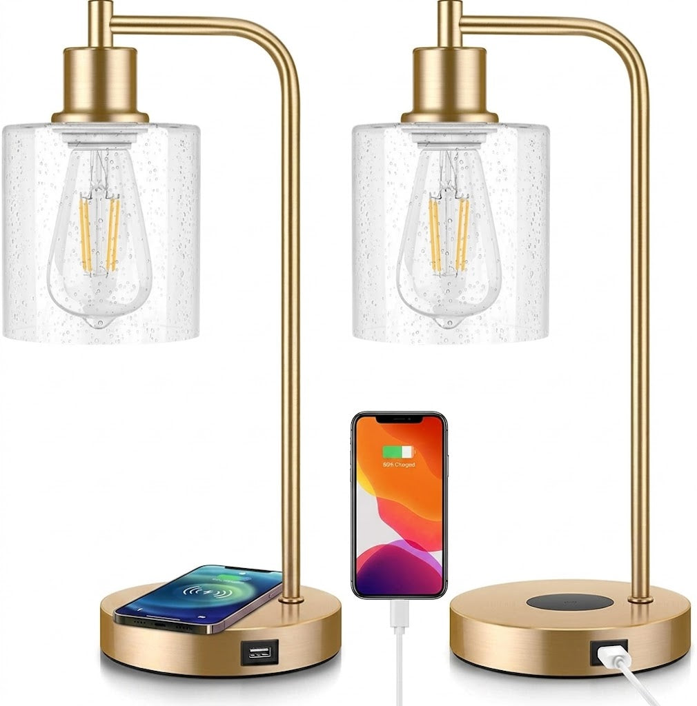 Sfeervolle set van 2 dimbare industriële tafellampen met USB-oplaadpunt; ideaal voor werk of ontspanning.