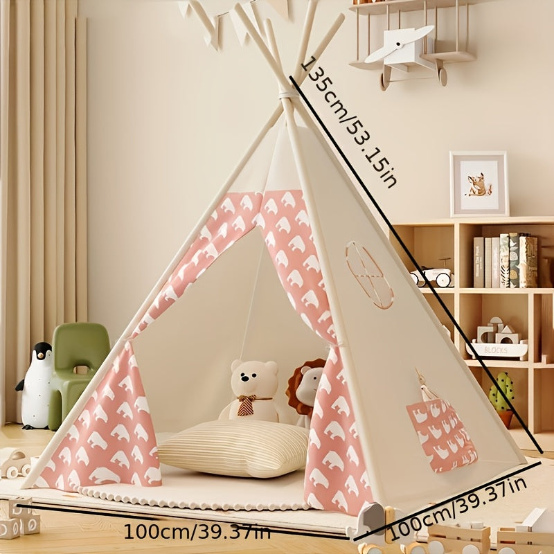 Roze kinder tipi tent met berenprint. Een droomplek voor elk meisje, in haar kinderkamer of als buitenspeeltent.
