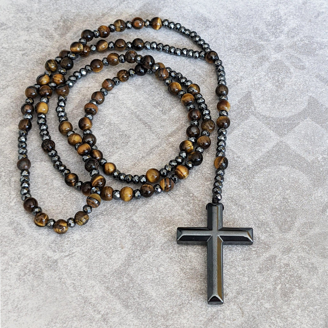 Orion mannen kruis rozenkrans ketting: tijgeroog en lapis lazuli edelstenen. Spiritueel en krachtig sieraad.